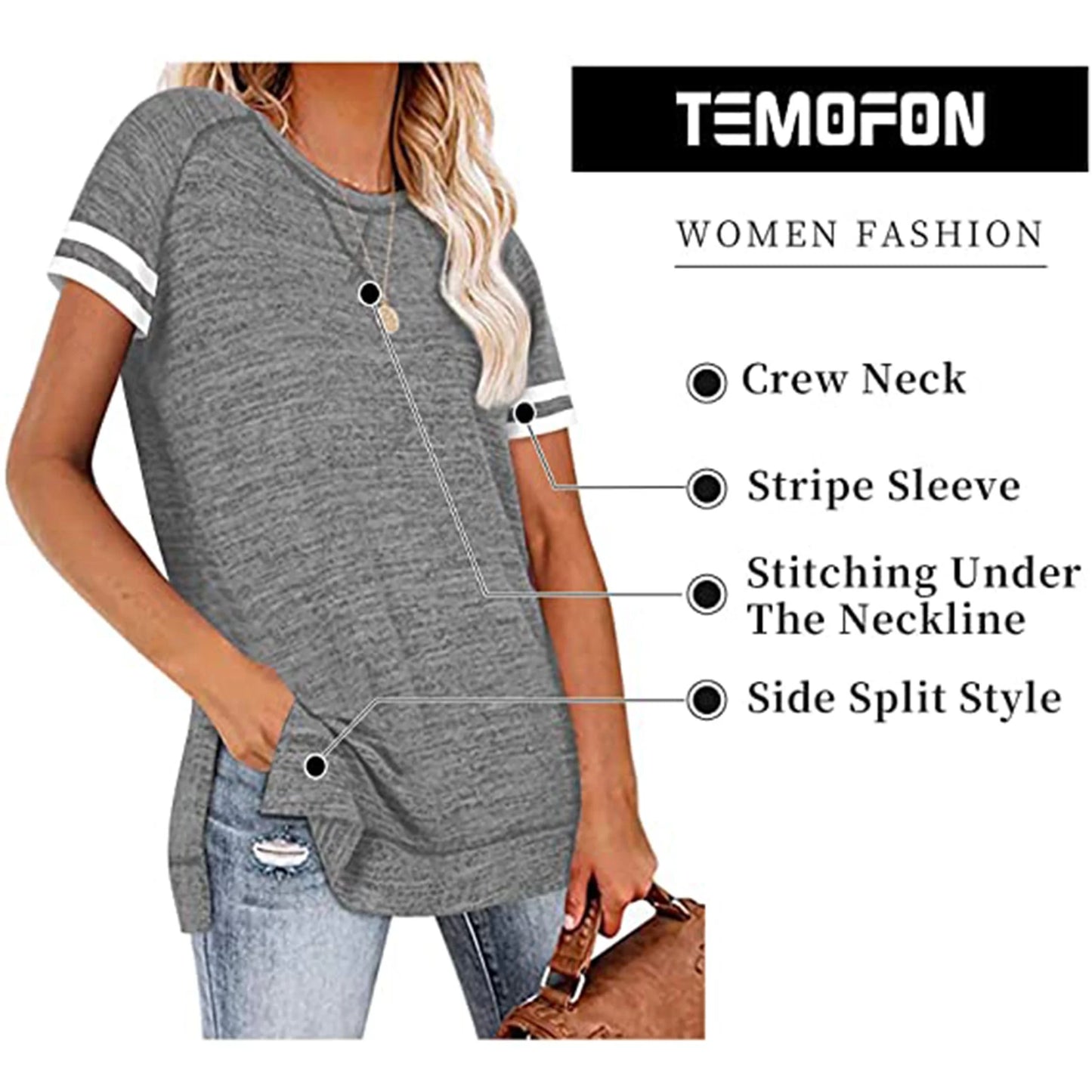 Summer Tops for Women Casual Color Block Sleeve T Shirts Side Split Pullover Tops Light Gray Tees