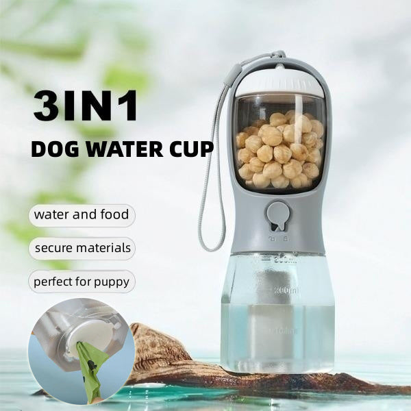 Portable Dog Water Cup & Snack Feeder with Poop Bag Holder