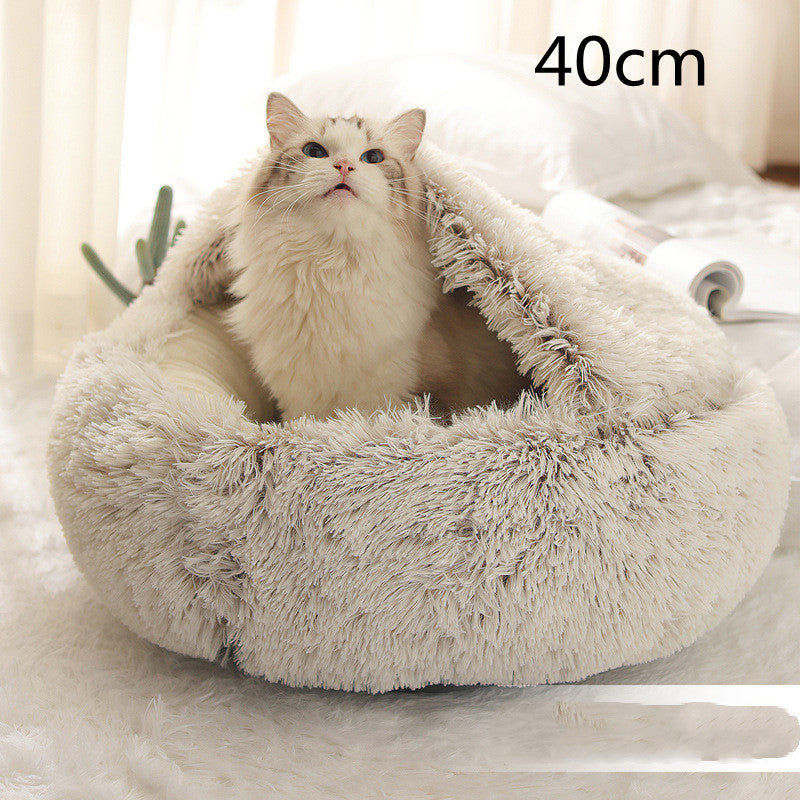 2-in-1 Soft Long Plush Pet Bed - Washable Warm Round Nest for Dog & Cat