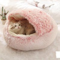 2-in-1 Soft Long Plush Pet Bed - Washable Warm Round Nest for Dog & Cat