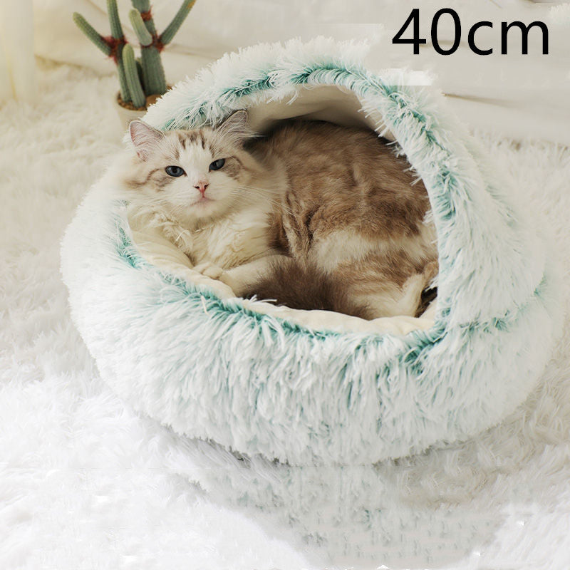 2-in-1 Soft Long Plush Pet Bed - Washable Warm Round Nest for Dog & Cat