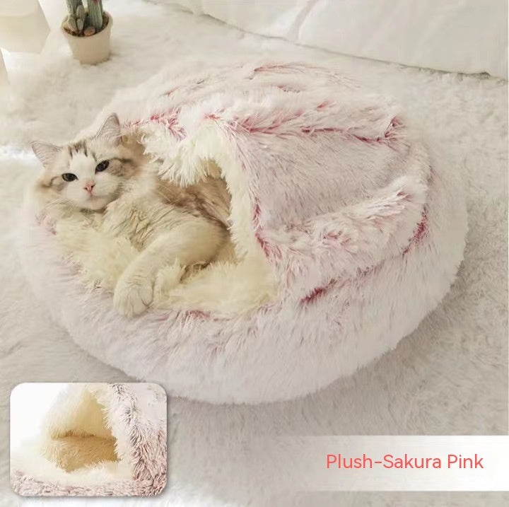2-in-1 Soft Long Plush Pet Bed - Washable Warm Round Nest for Dog & Cat