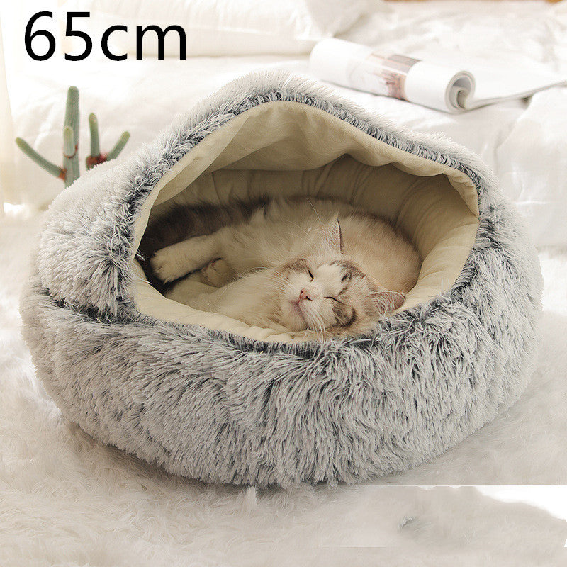 2-in-1 Soft Long Plush Pet Bed - Washable Warm Round Nest for Dog & Cat