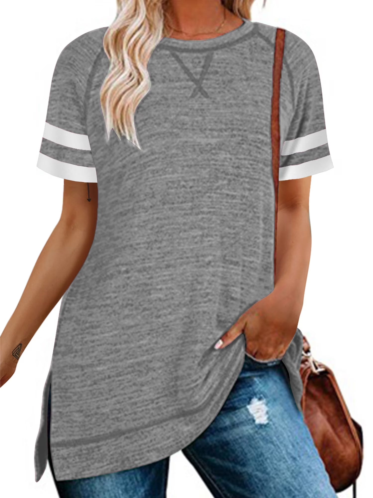 Summer Tops for Women Casual Color Block Sleeve T Shirts Side Split Pullover Tops Light Gray Tees