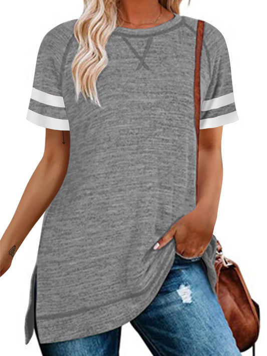 Summer Tops for Women Casual Color Block Sleeve T Shirts Side Split Pullover Tops Light Gray Tees