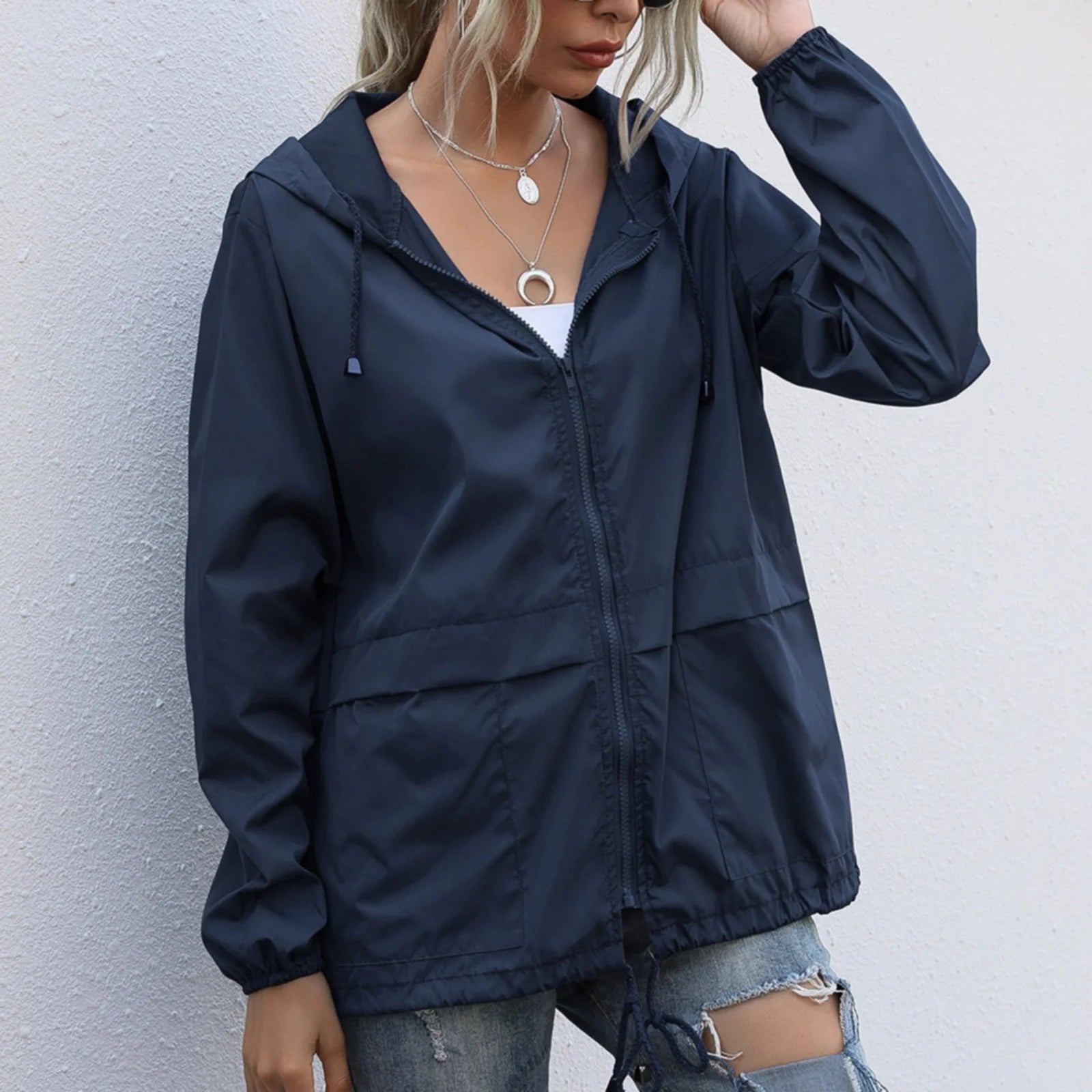 Jackets for Women, Women Solid Long Sleeve Pocket Outerwear Loose Splice Windbreaker Coat, Coats for Women Dark Blue M