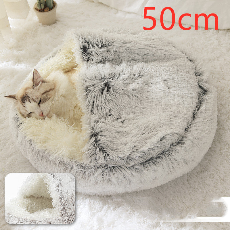 2-in-1 Soft Long Plush Pet Bed - Washable Warm Round Nest for Dog & Cat