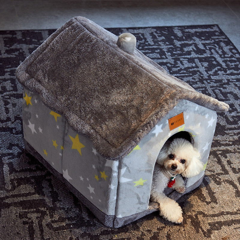 2-in-1 Foldable Dog House & Warm Cat Cave Bed - Winter Pet Villa