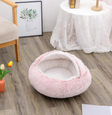 2-in-1 Soft Long Plush Pet Bed - Washable Warm Round Nest for Dog & Cat
