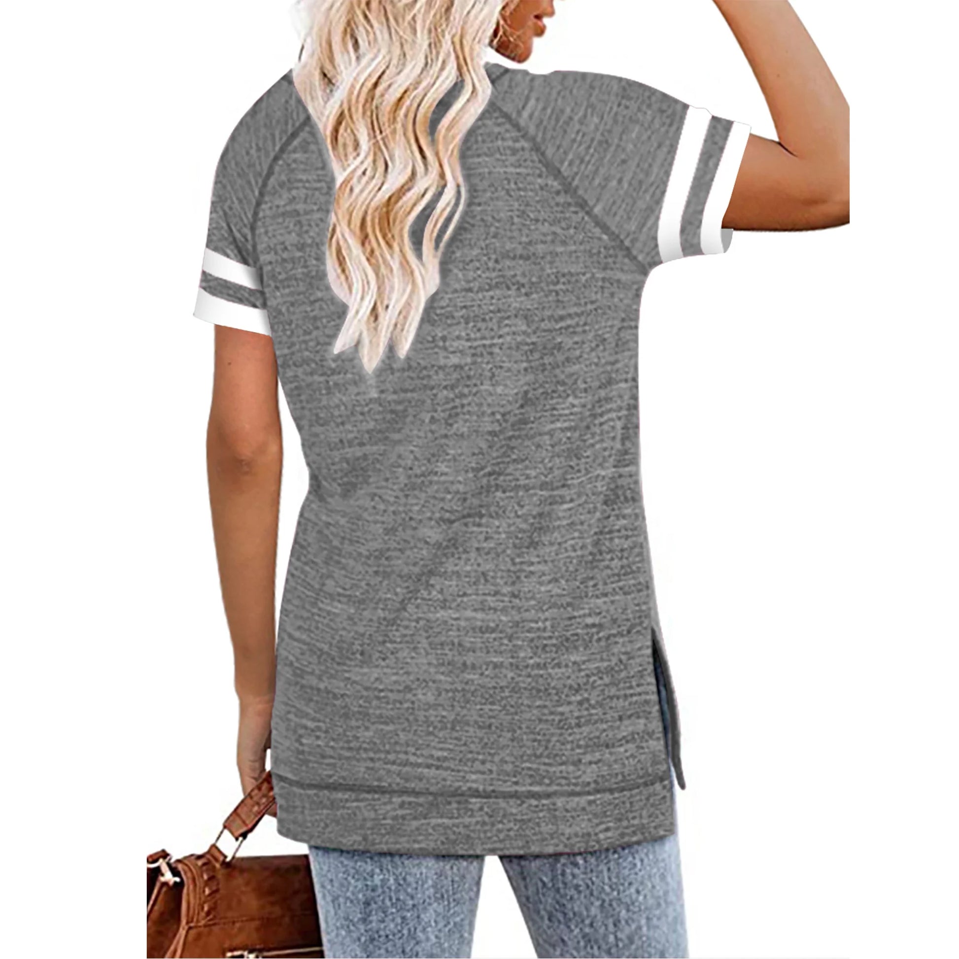 Summer Tops for Women Casual Color Block Sleeve T Shirts Side Split Pullover Tops Light Gray Tees