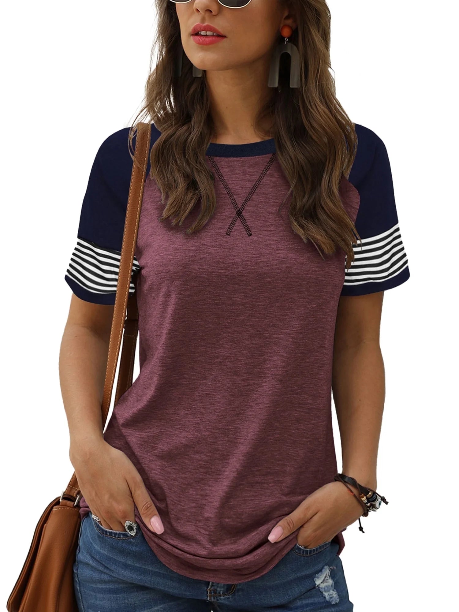 Women'S Top Casual Summer Tunic Shirt Striped Short Sleeve Crewneck Tshirts Fashion Trendy Winered Tees Y2K Blouses
