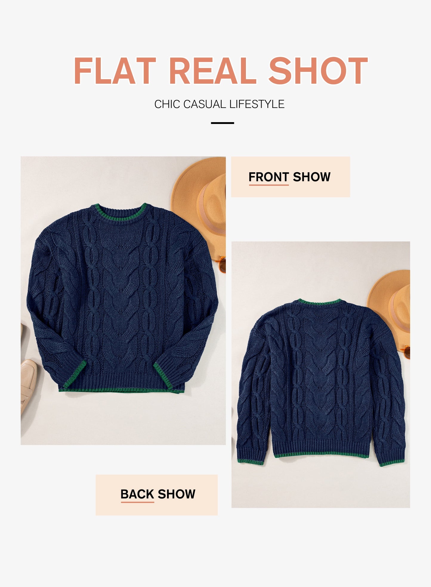 Long Sleeve Women'S Sweater Casual Crewneck Color Block Sweater Tops Cable Knit Pullover Sweaters for Women Fall Sweater Navy Blue Size M