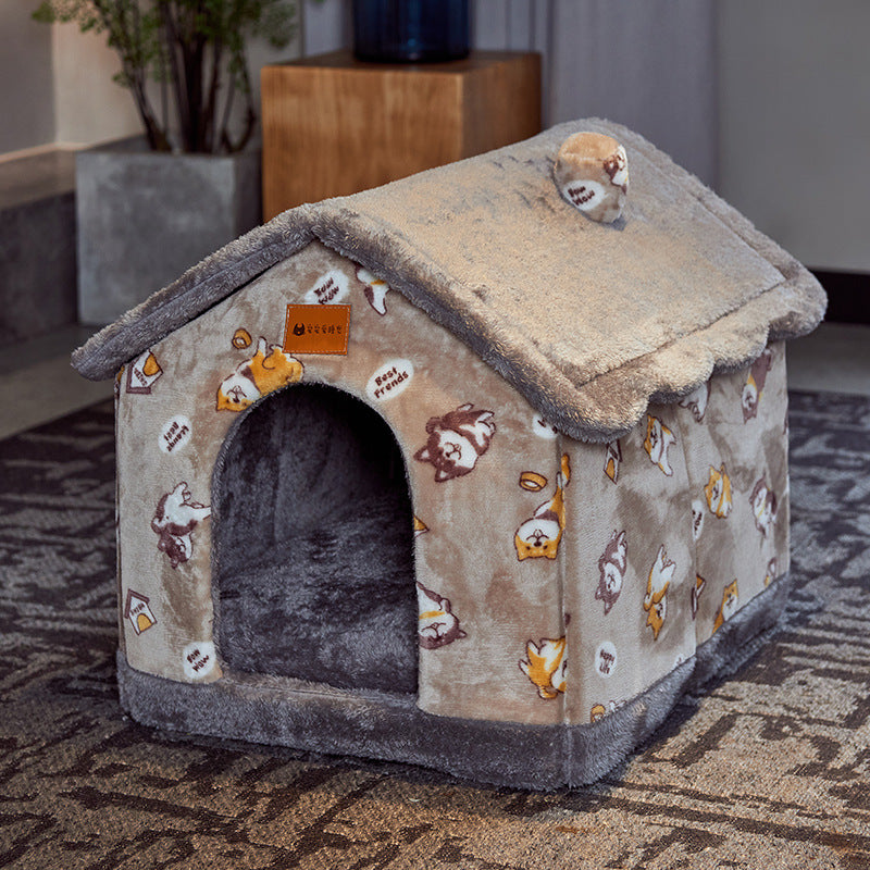 2-in-1 Foldable Dog House & Warm Cat Cave Bed - Winter Pet Villa