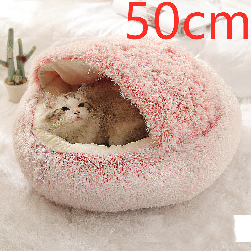 2-in-1 Soft Long Plush Pet Bed - Washable Warm Round Nest for Dog & Cat