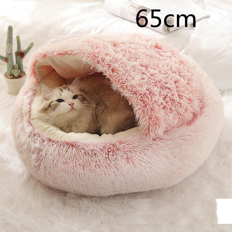 2-in-1 Soft Long Plush Pet Bed - Washable Warm Round Nest for Dog & Cat
