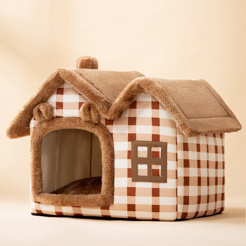 2-in-1 Foldable Dog House & Warm Cat Cave Bed - Winter Pet Villa