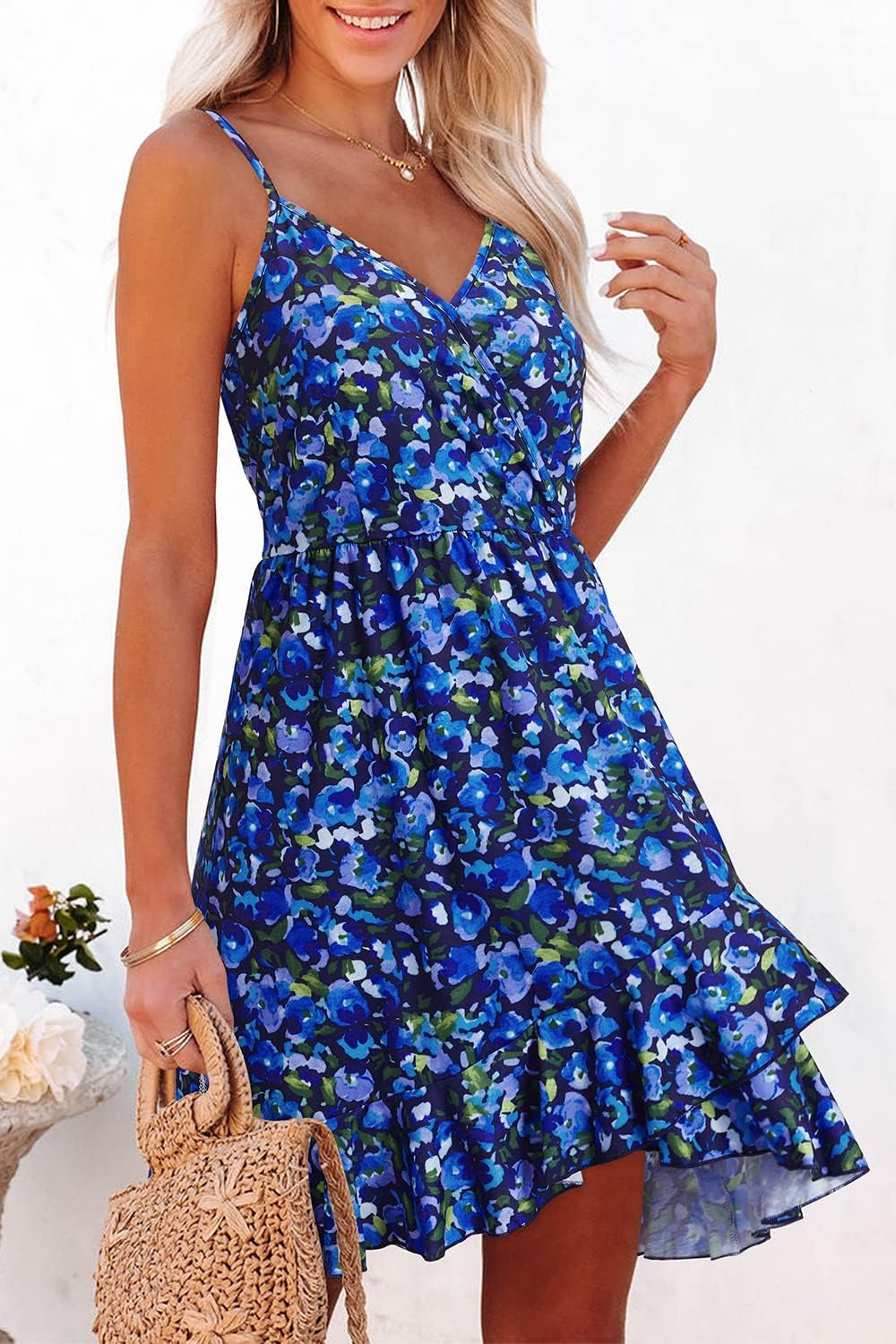 Womens Summer Dresses 2023 Wrap V Neck Adjustable Spaghetti Ruffle Casual Dress