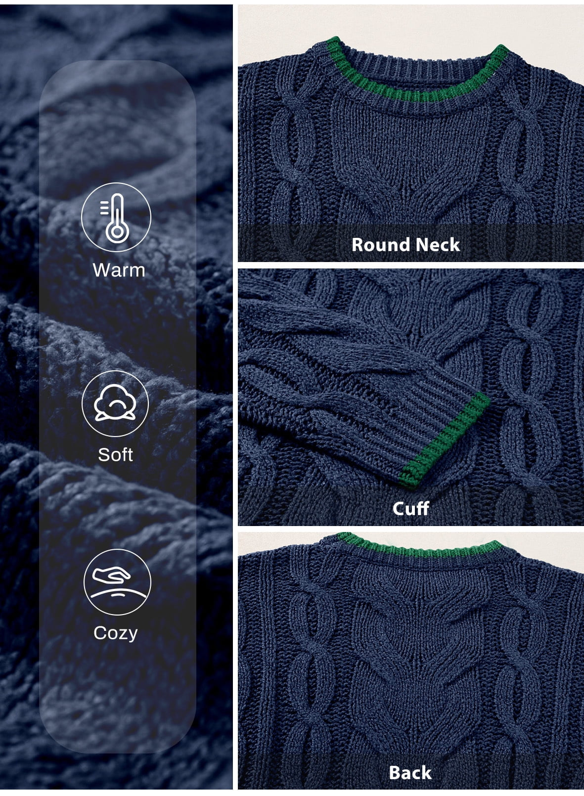 Long Sleeve Women'S Sweater Casual Crewneck Color Block Sweater Tops Cable Knit Pullover Sweaters for Women Fall Sweater Navy Blue Size M