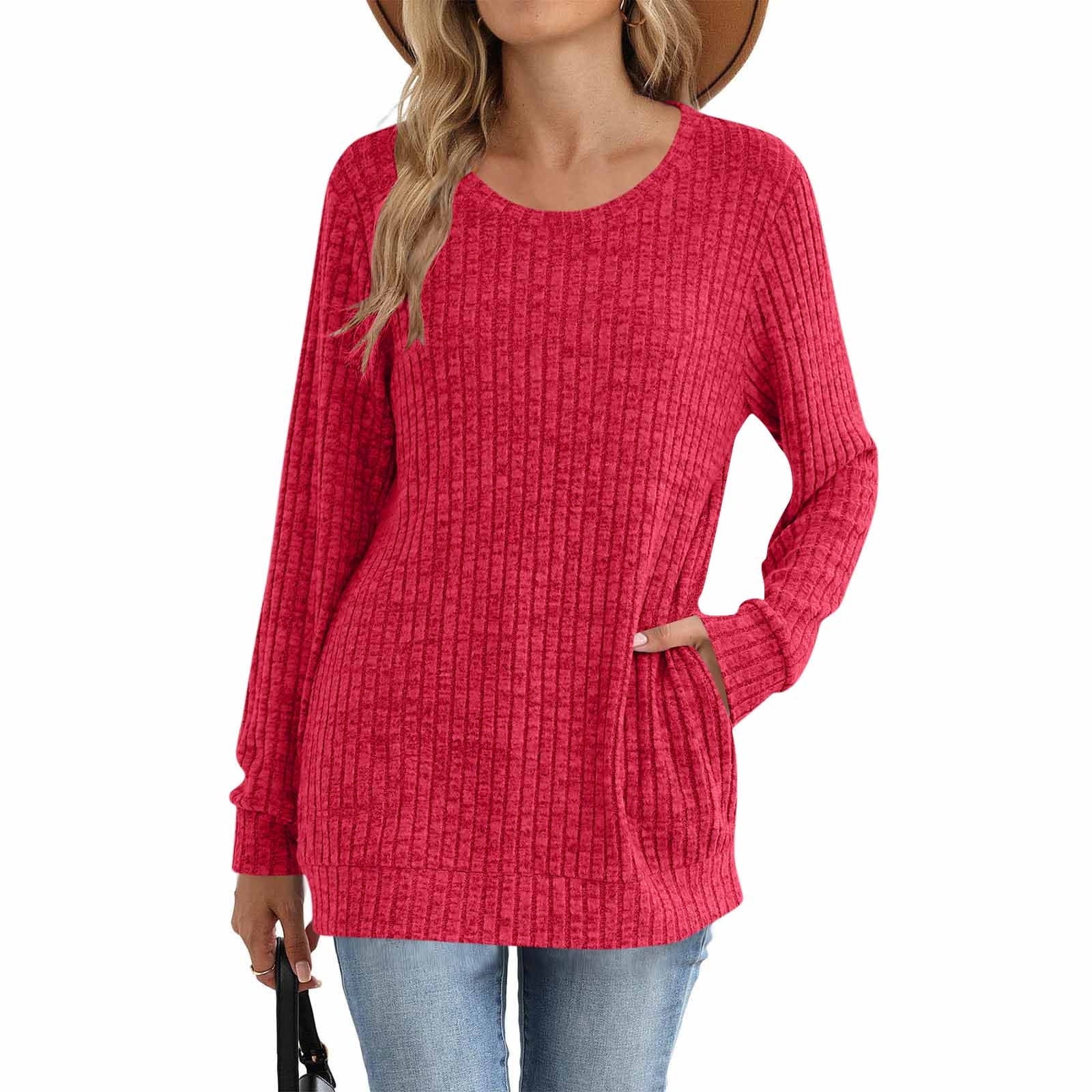 Women Long Sleeve Shirts Loose Fit Crew Neck Tunic Tops Blouse Dressy Casual Fall Winter Clothes Outfits Long Sweaters with Pockets