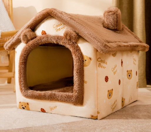 2-in-1 Foldable Dog House & Warm Cat Cave Bed - Winter Pet Villa