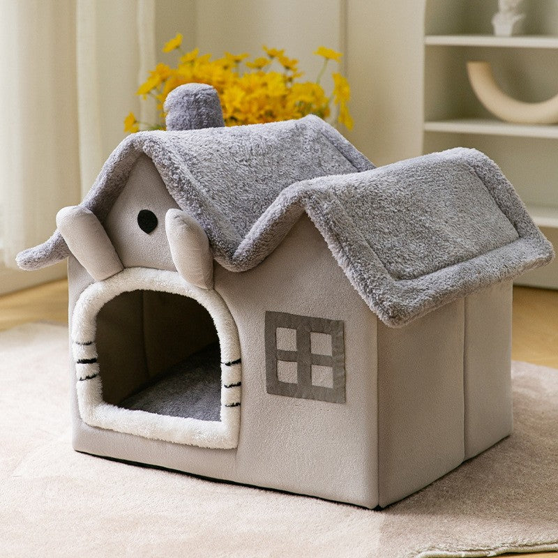 2-in-1 Foldable Dog House & Warm Cat Cave Bed - Winter Pet Villa