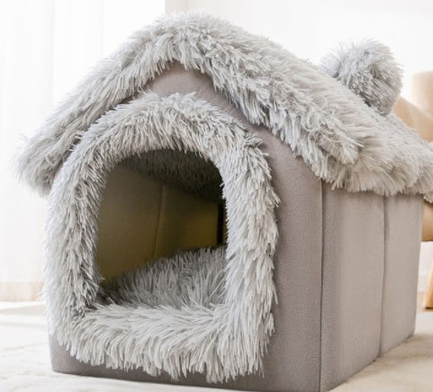 2-in-1 Foldable Dog House & Warm Cat Cave Bed - Winter Pet Villa
