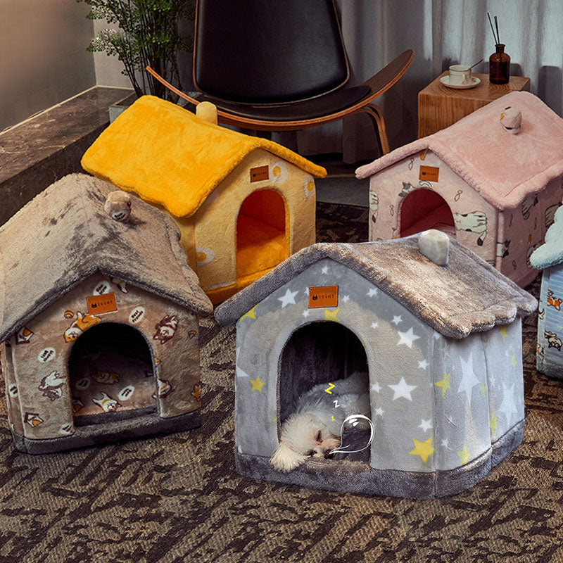 2-in-1 Foldable Dog House & Warm Cat Cave Bed - Winter Pet Villa