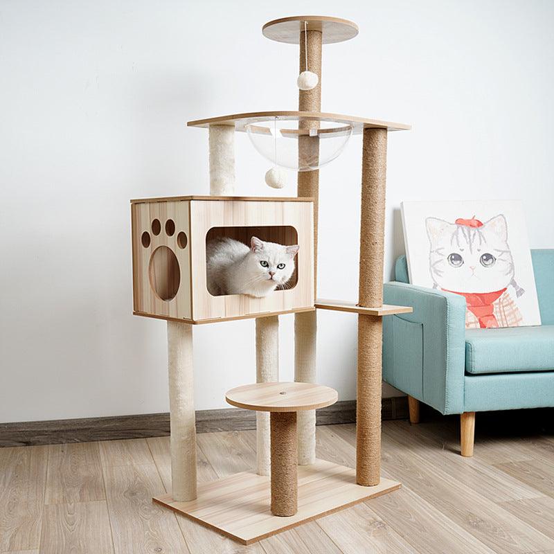 Luxury Wooden Cat House - Space Capsule Nest with Scratch Pad