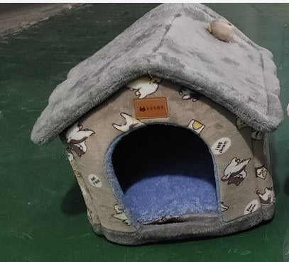 2-in-1 Foldable Dog House & Warm Cat Cave Bed - Winter Pet Villa