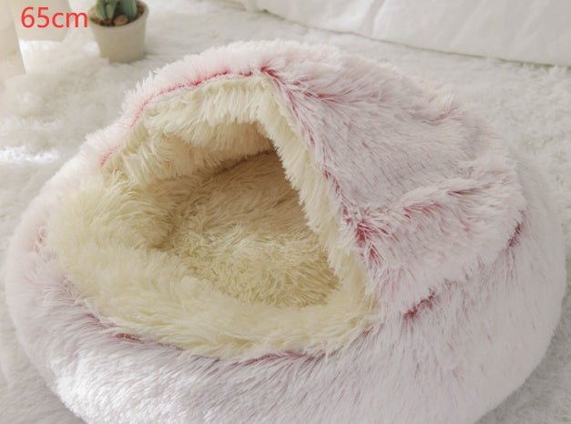 2-in-1 Soft Long Plush Pet Bed - Washable Warm Round Nest for Dog & Cat