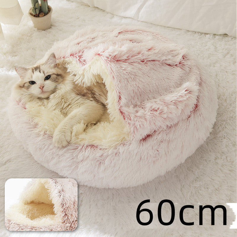 2-in-1 Soft Long Plush Pet Bed - Washable Warm Round Nest for Dog & Cat