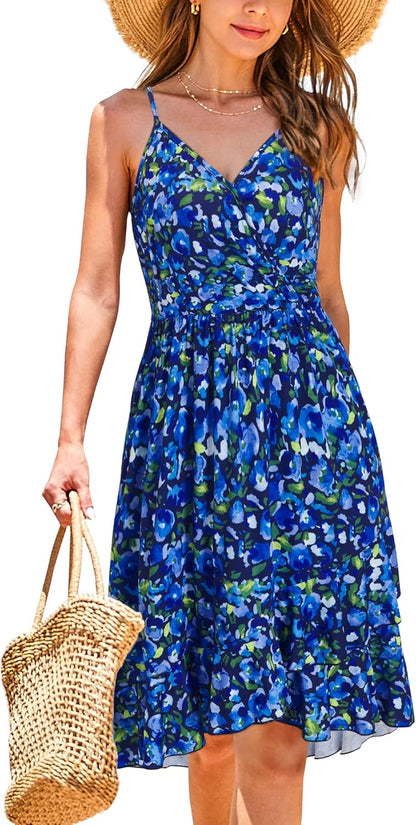 Womens Summer Dresses 2023 Wrap V Neck Adjustable Spaghetti Ruffle Casual Dress