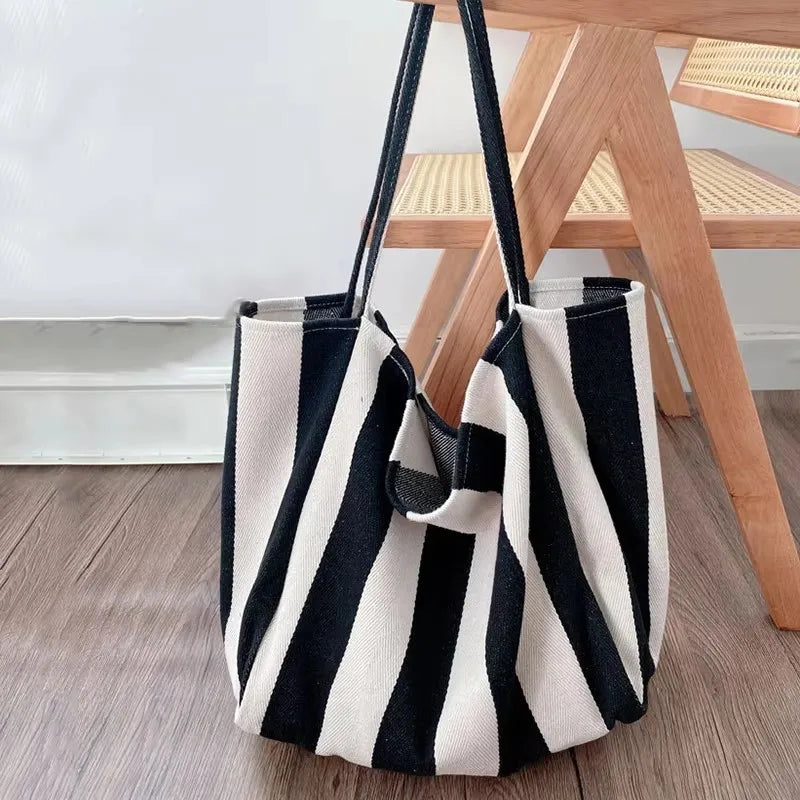Summer Striped Canvas Tote Bag - Large Capacity Casual Shoulder Bag for Women, Simple Aesthetic Shopping Handbag & Daily Travel Tote