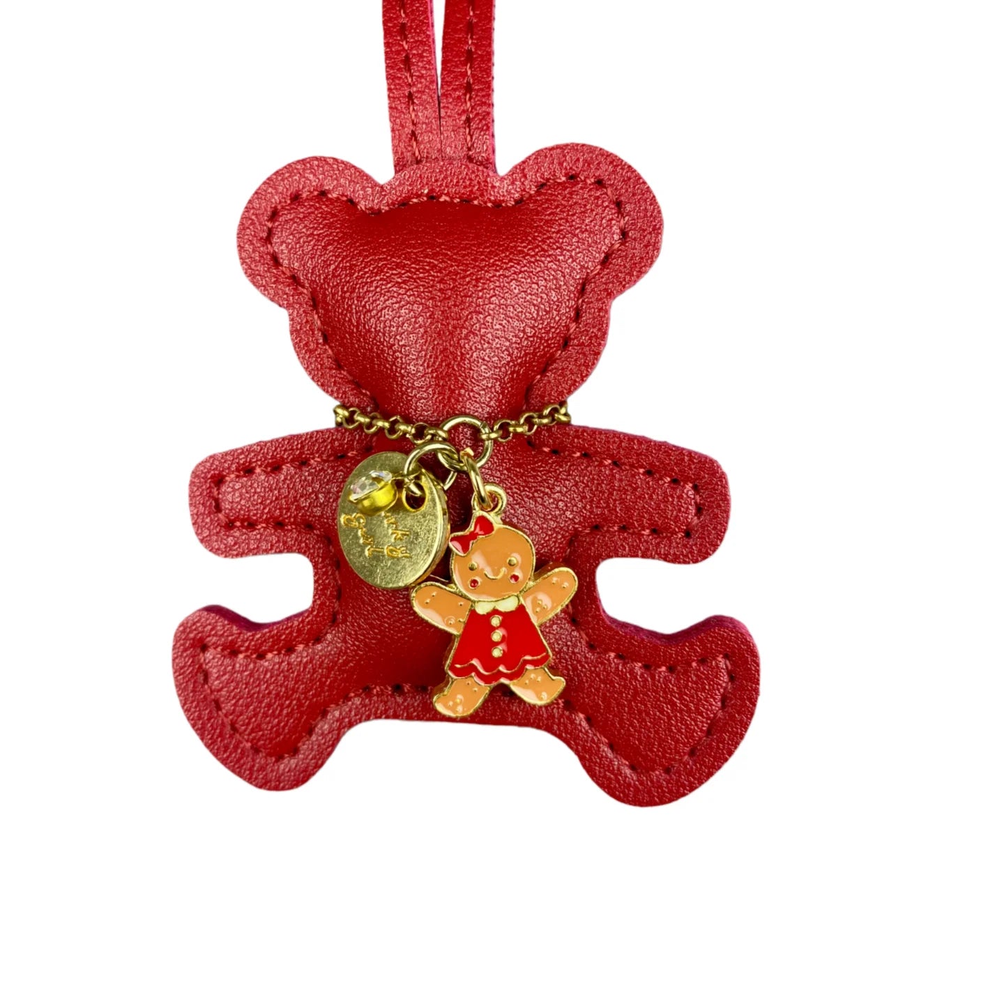 Handmade PU Leather Bear Keychain - Detailed Stitching with Gingerbread Man Charm, Luxury Bag Pendant & Car Key Accessory