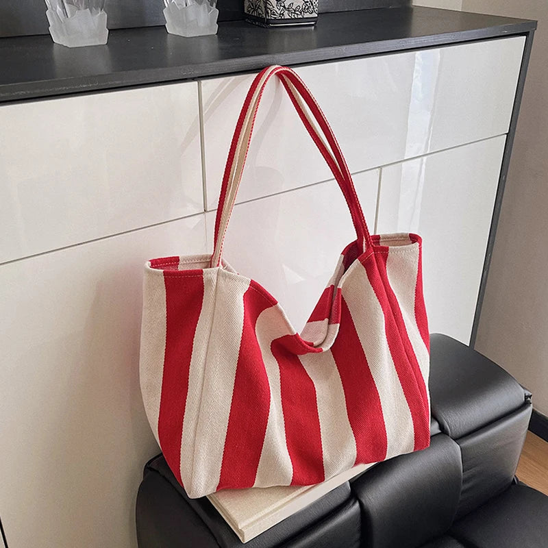 Summer Striped Canvas Tote Bag - Large Capacity Casual Shoulder Bag for Women, Simple Aesthetic Shopping Handbag & Daily Travel Tote