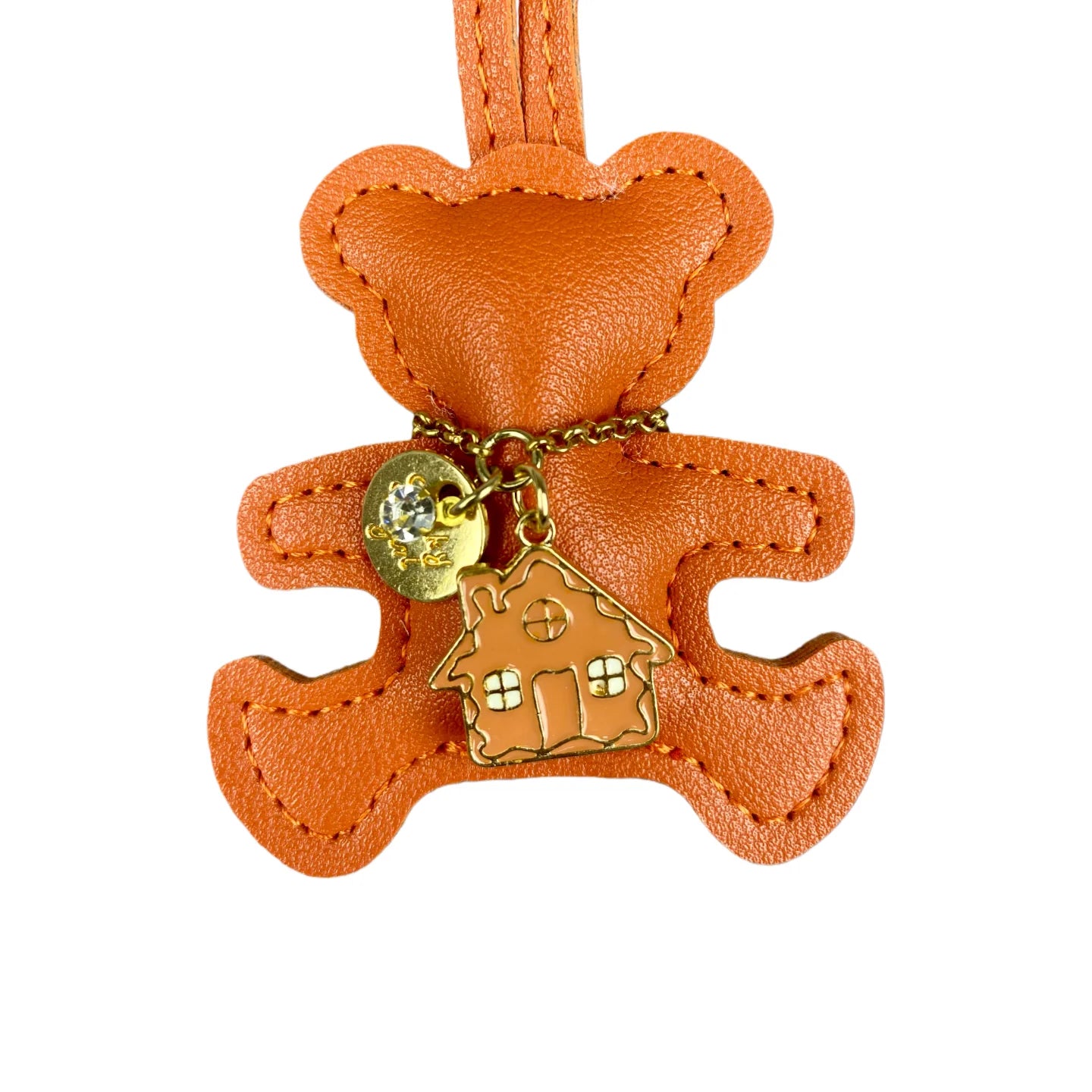 Handmade PU Leather Bear Keychain - Detailed Stitching with Gingerbread Man Charm, Luxury Bag Pendant & Car Key Accessory
