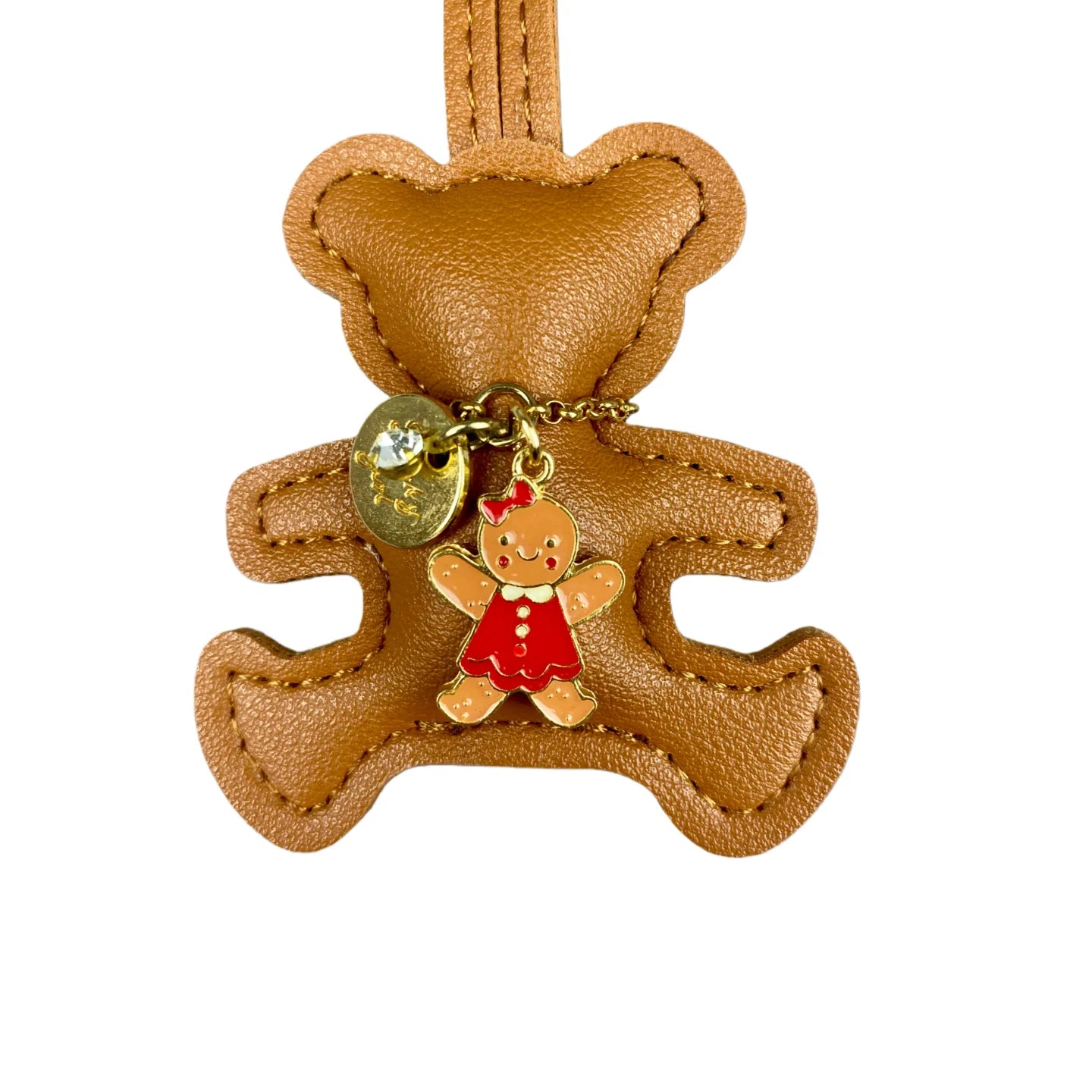 Handmade PU Leather Bear Keychain - Detailed Stitching with Gingerbread Man Charm, Luxury Bag Pendant & Car Key Accessory