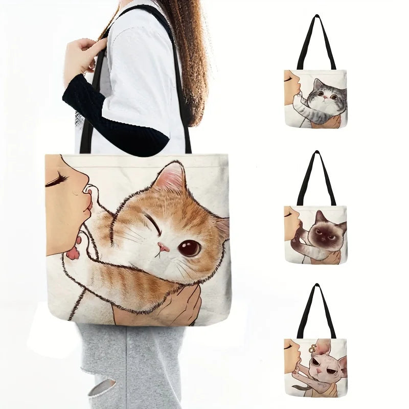 Cute Cartoon Cat Canvas Tote Bag - Large Capacity Shoulder Bag & Casual Handbag for Women, School & Shopping