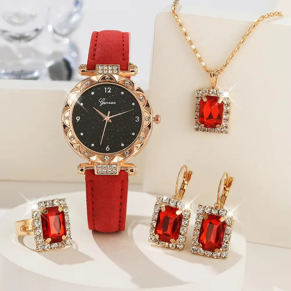 Luxury 5-Pcs Women’s Quartz Watch & Rhinestone Bracelet Gift Set
