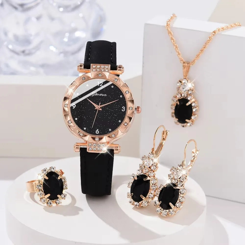 Luxury 5-Pcs Women’s Quartz Watch & Rhinestone Bracelet Gift Set