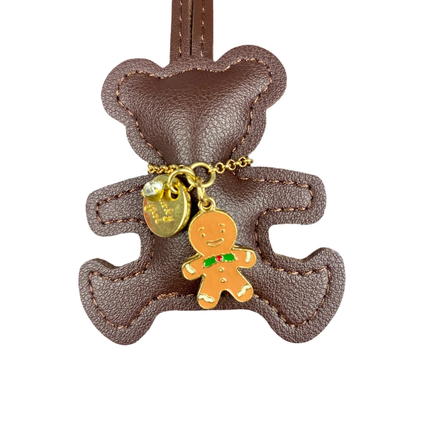 Handmade PU Leather Bear Keychain - Detailed Stitching with Gingerbread Man Charm, Luxury Bag Pendant & Car Key Accessory