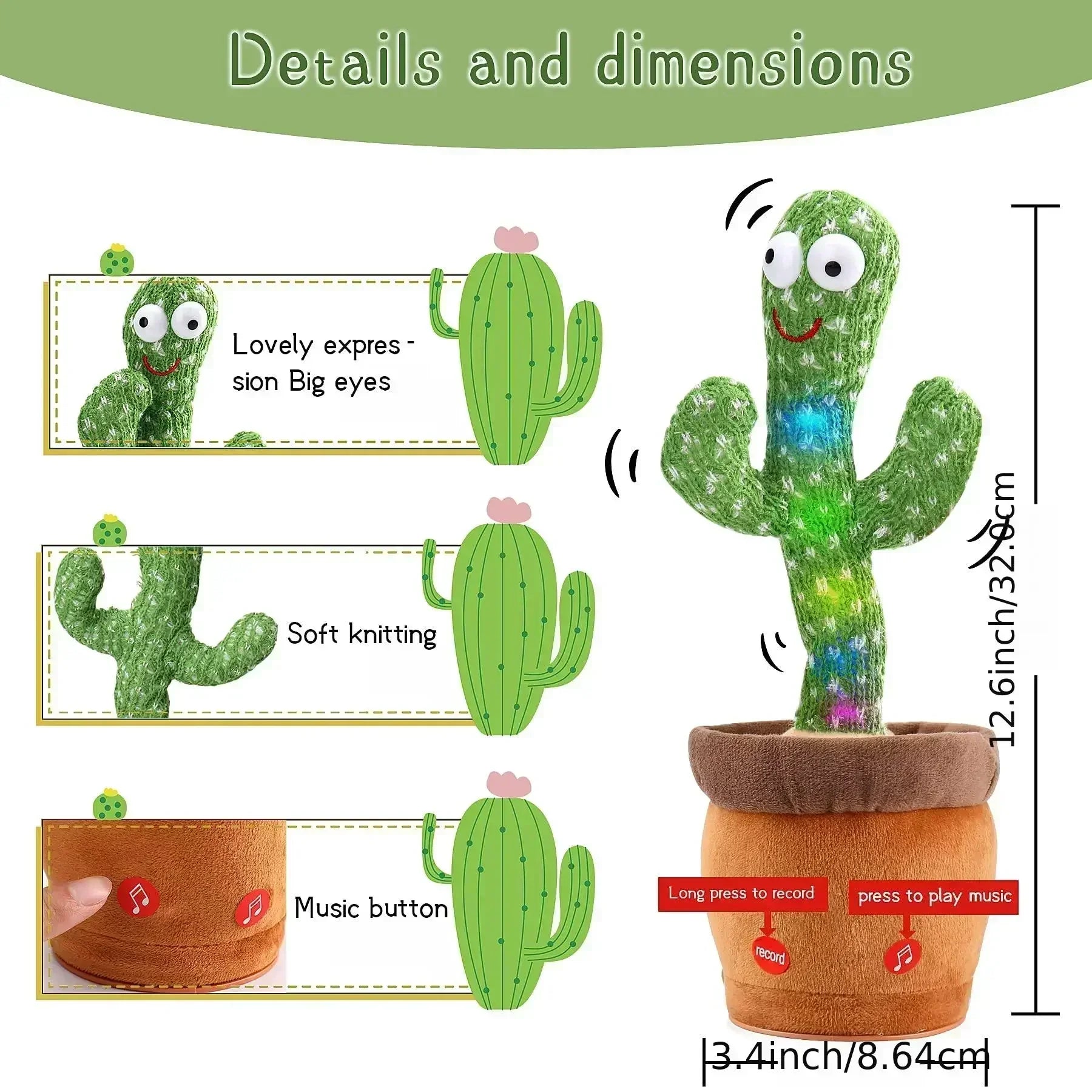 Dancing & Talking Cactus Toy – 120 Songs Electronic Plush for Kids