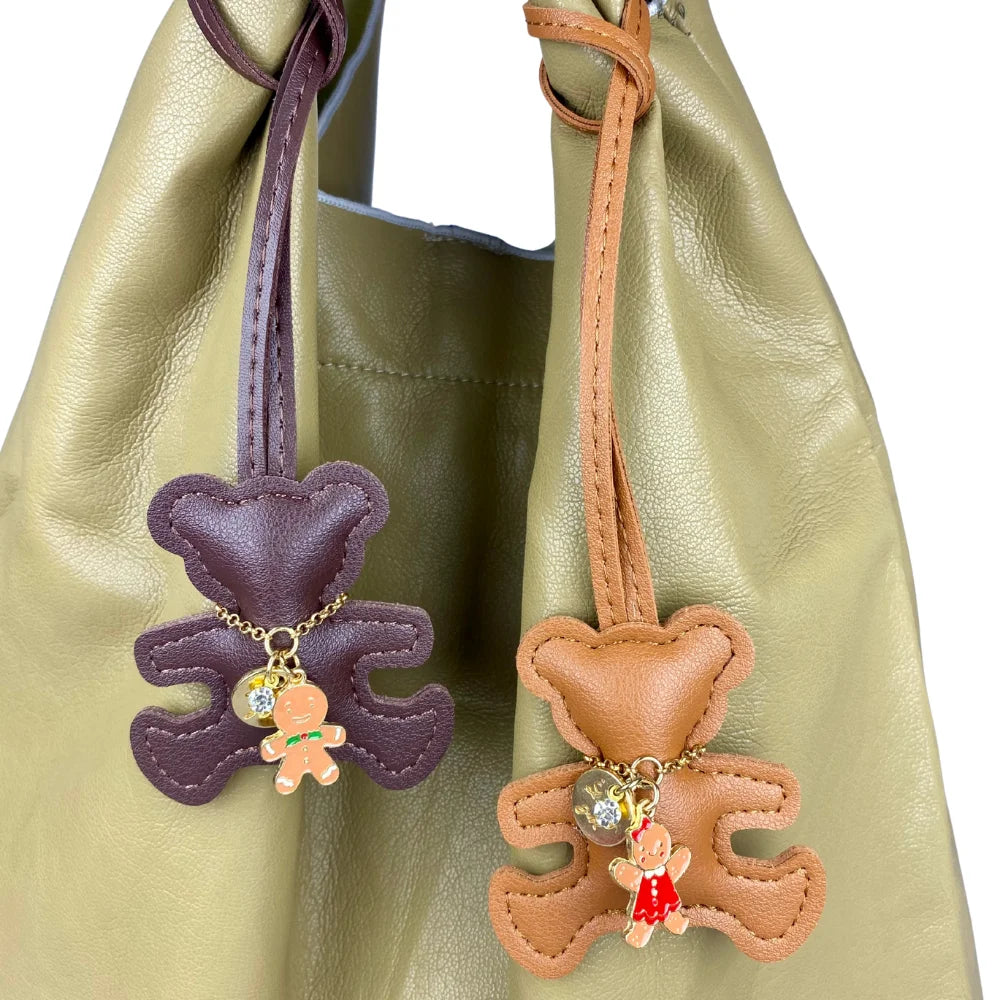 Handmade PU Leather Bear Keychain - Detailed Stitching with Gingerbread Man Charm, Luxury Bag Pendant & Car Key Accessory