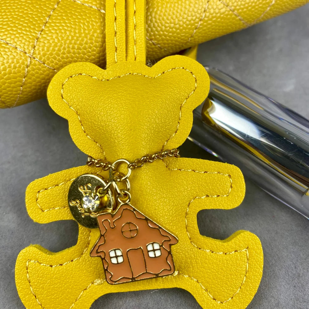 Handmade PU Leather Bear Keychain - Detailed Stitching with Gingerbread Man Charm, Luxury Bag Pendant & Car Key Accessory