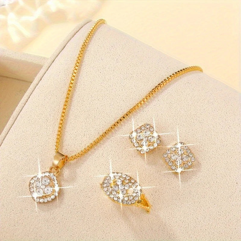 3pc Luxury Cube Jewelry Set: Necklace, Earrings & Ring Gift