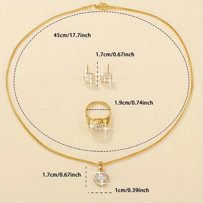 3pc Luxury Cube Jewelry Set: Necklace, Earrings & Ring Gift