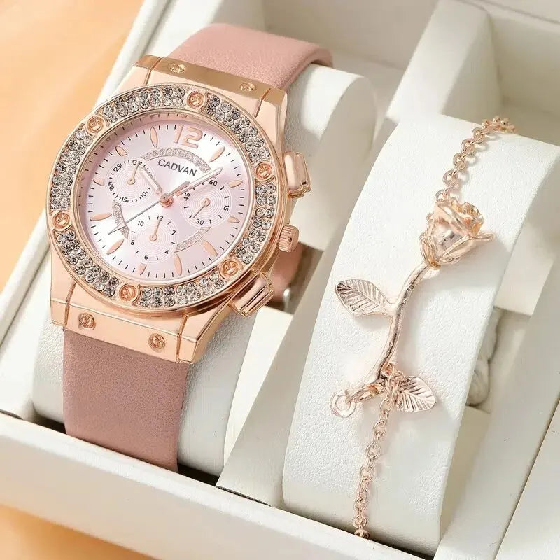 Luxury Rhinestone Watch Set - Elegant Quartz Women's Clock