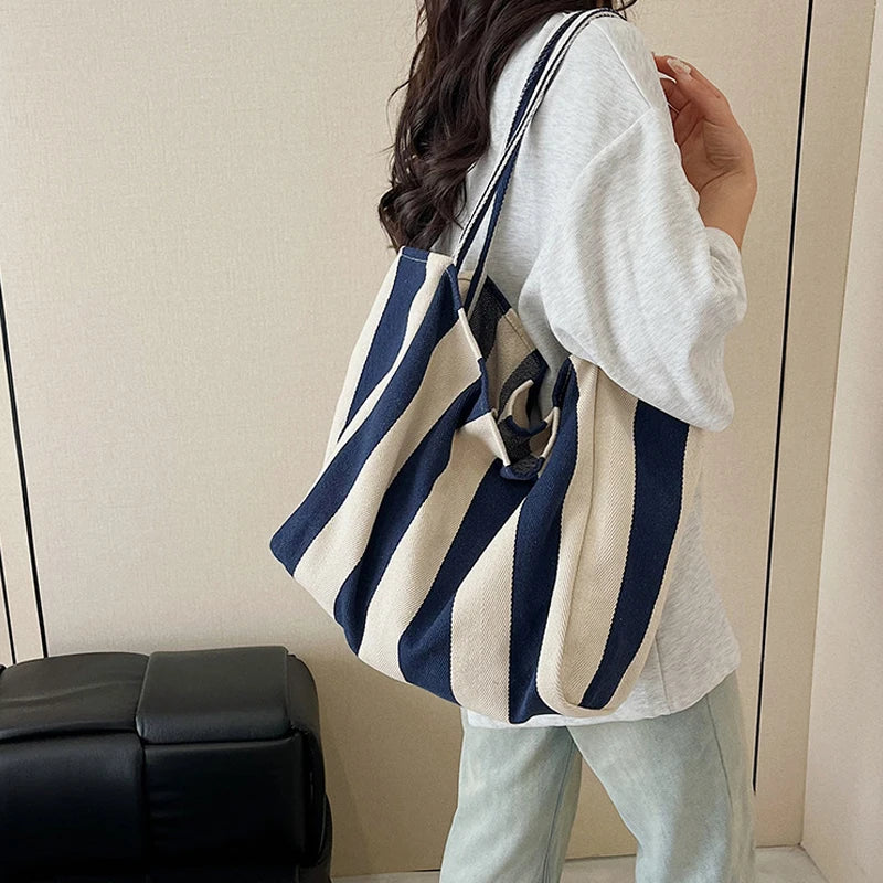 Summer Striped Canvas Tote Bag - Large Capacity Casual Shoulder Bag for Women, Simple Aesthetic Shopping Handbag & Daily Travel Tote