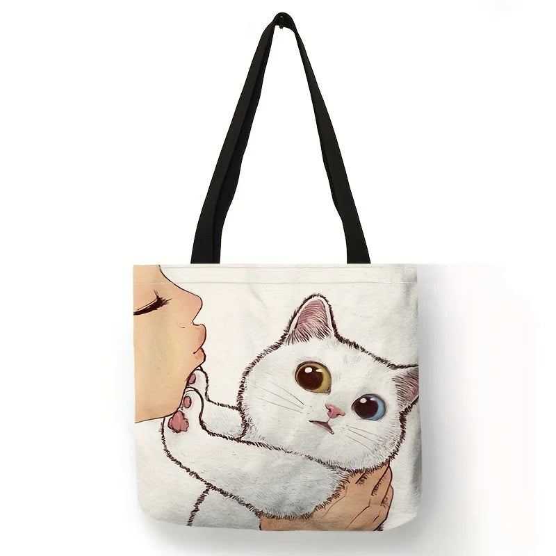 Cute Cartoon Cat Canvas Tote Bag - Large Capacity Shoulder Bag & Casual Handbag for Women, School & Shopping