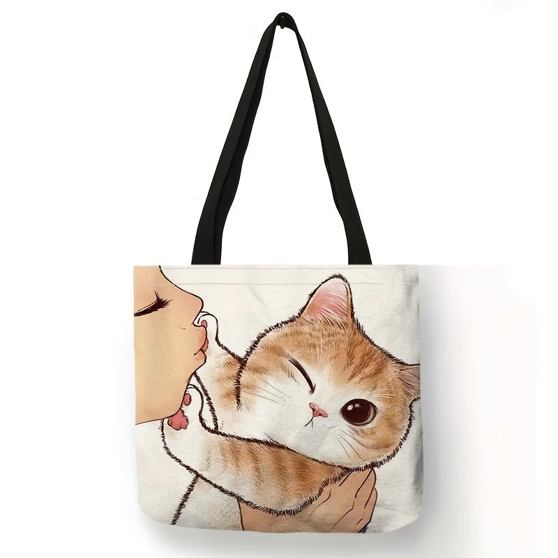 Cute Cartoon Cat Canvas Tote Bag - Large Capacity Shoulder Bag & Casual Handbag for Women, School & Shopping